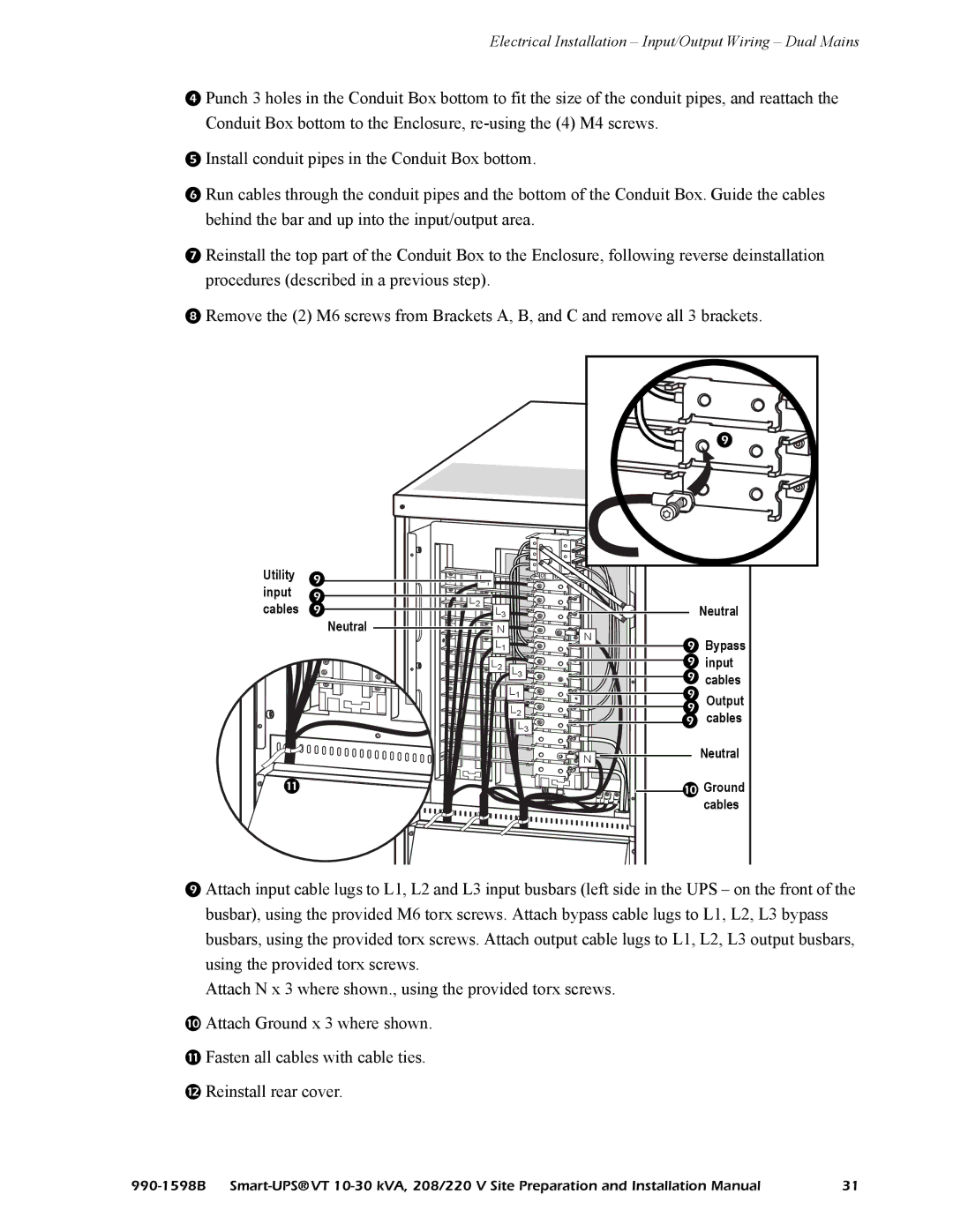 American Power Conversion 208/220 installation manual Electrical Installation Input/Output Wiring Dual Mains 