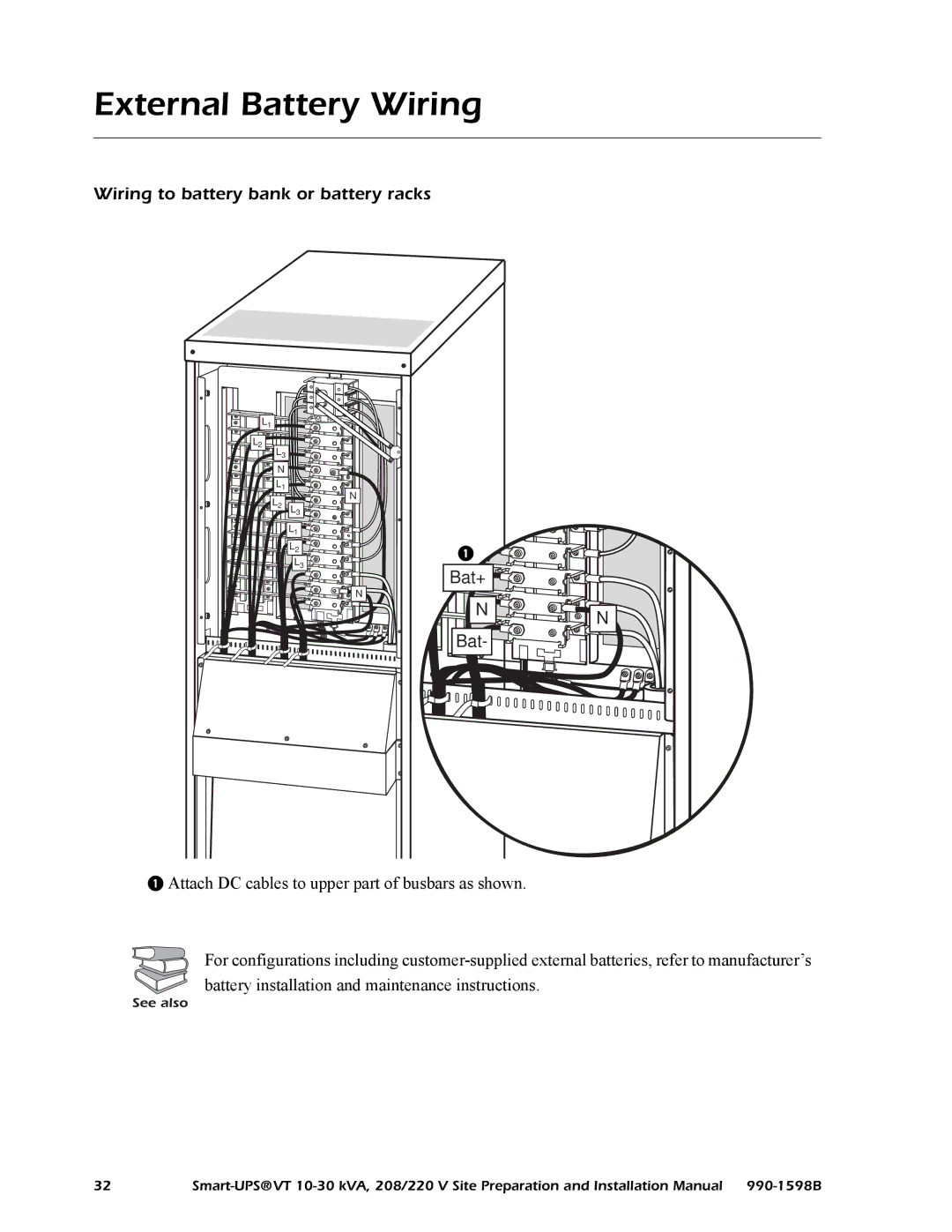 American Power Conversion 208/220 installation manual External Battery Wiring, Wiring to battery bank or battery racks Bat+ 