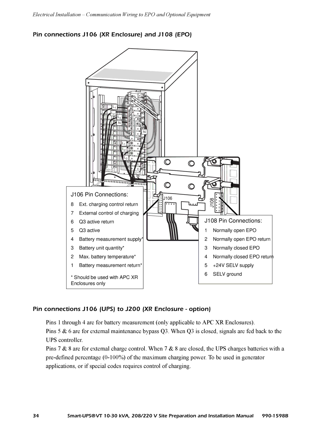 American Power Conversion 208/220 installation manual Pin connections J106 XR Enclosure and J108 EPO 