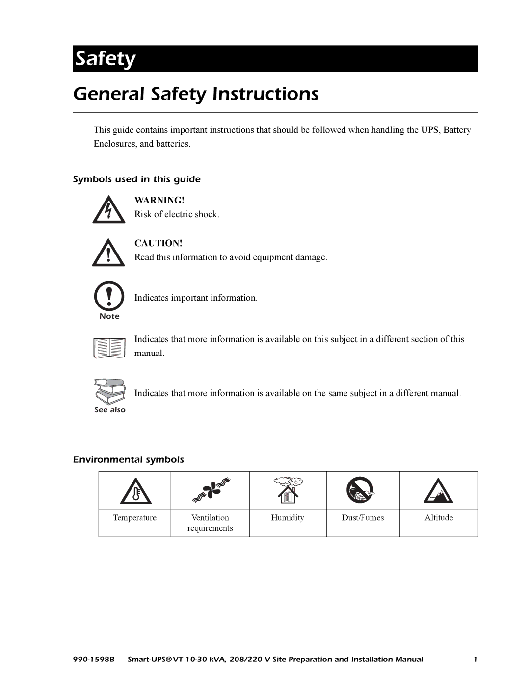 American Power Conversion 208/220 General Safety Instructions, Symbols used in this guide, Environmental symbols 