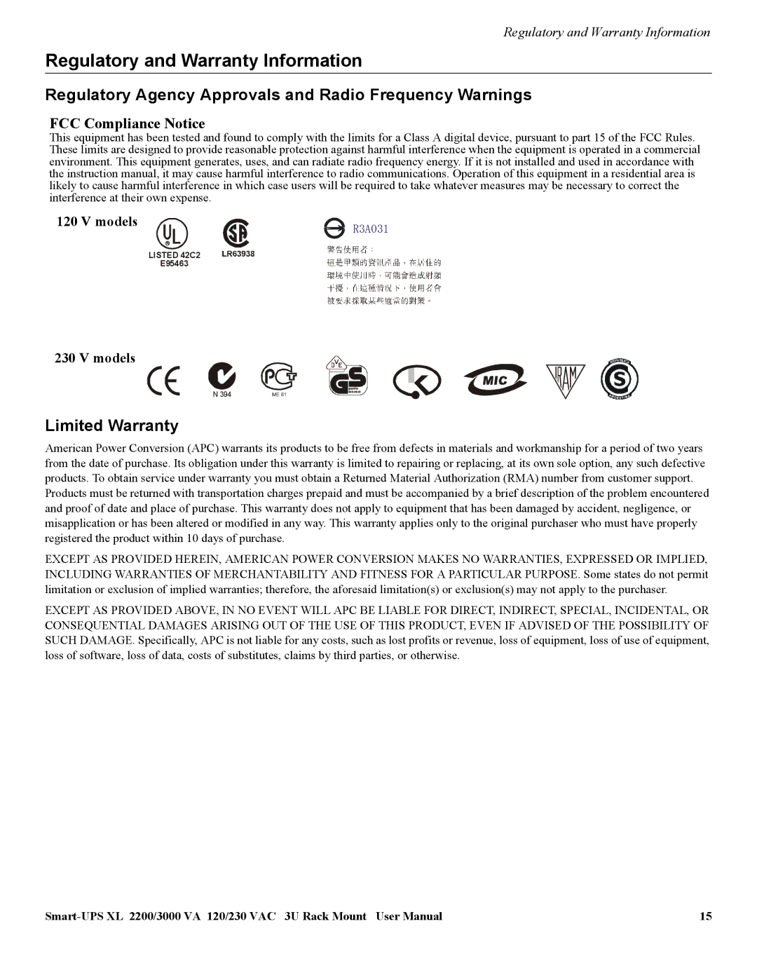 American Power Conversion 3000 VA, 2200 VA user manual Regulatory and Warranty Information, Limited Warranty 