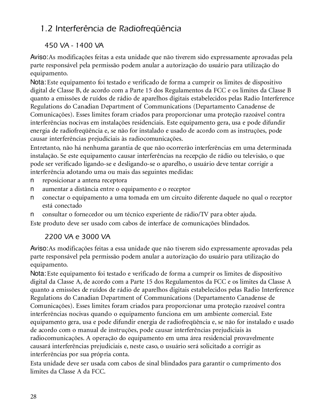 American Power Conversion 2200 manual Interferência de Radiofreqüência, VA e 3000 VA 