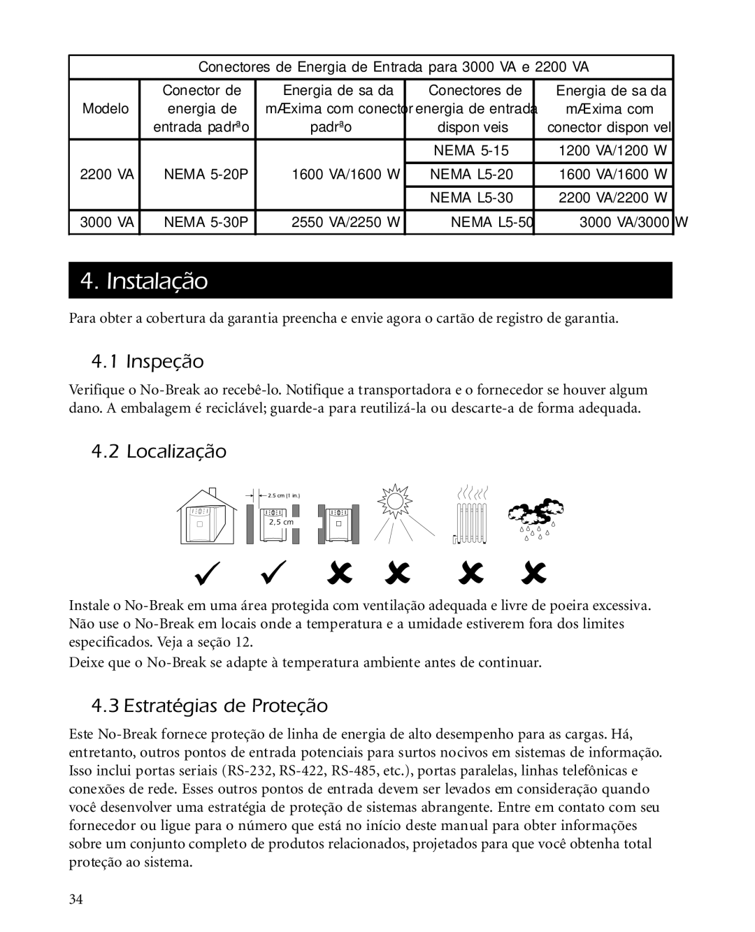 American Power Conversion 2200 manual Instalação, Inspeção, Localização, Estratégias de Proteção 