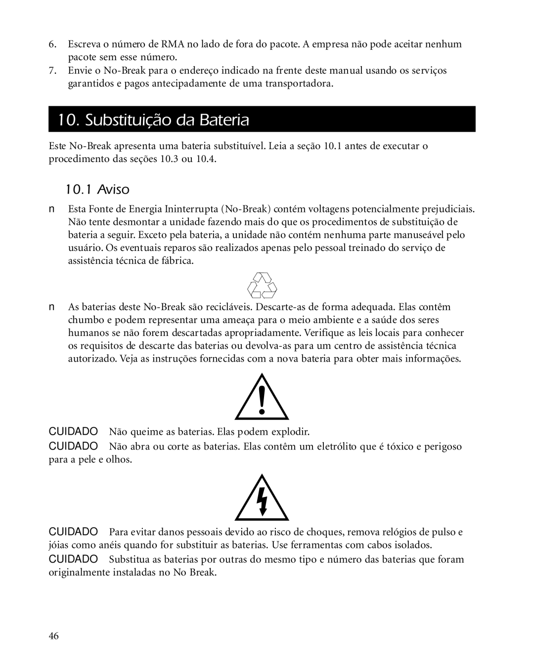 American Power Conversion 2200 manual Substituição da Bateria, Aviso 