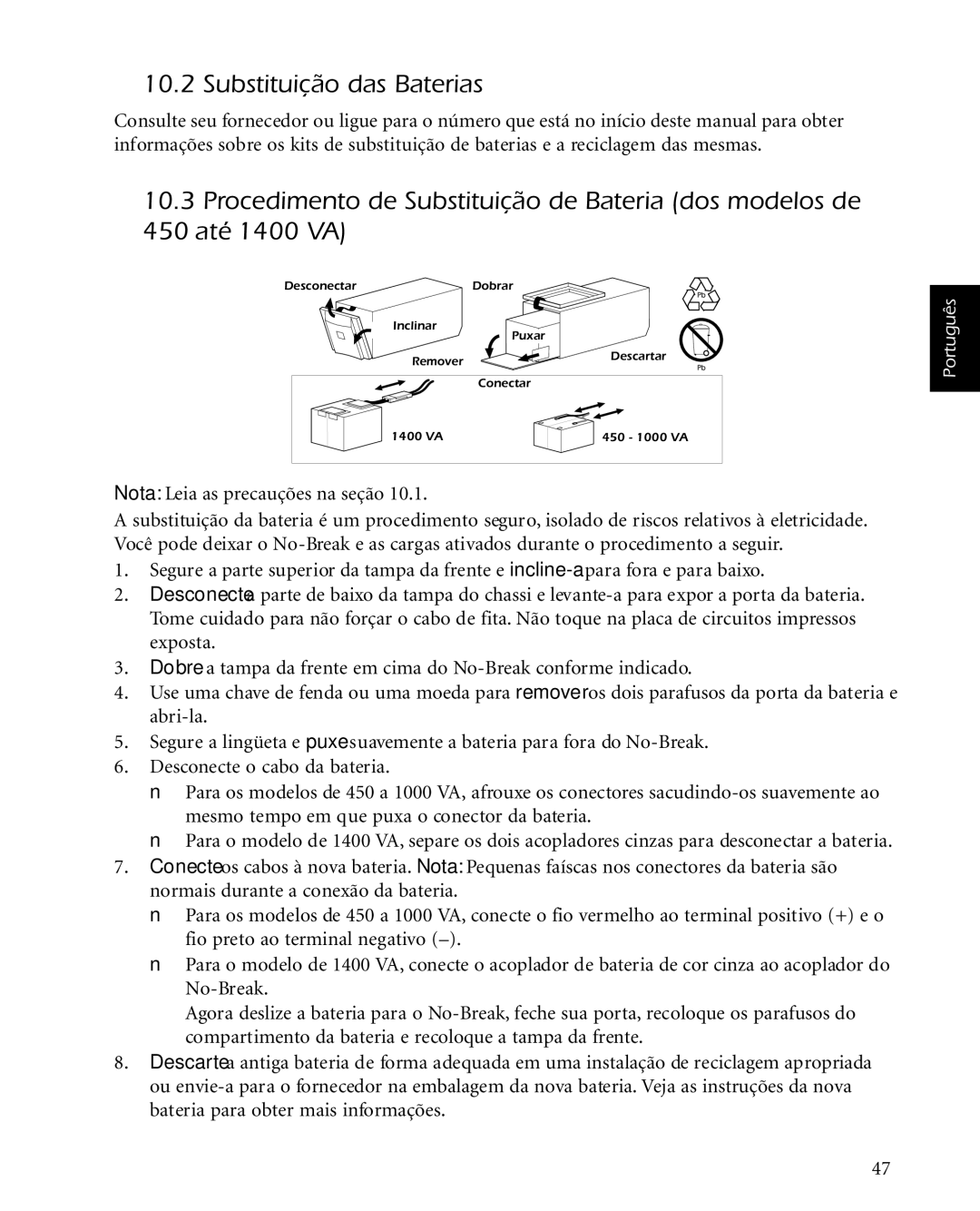 American Power Conversion 2200 manual Substituição das Baterias 