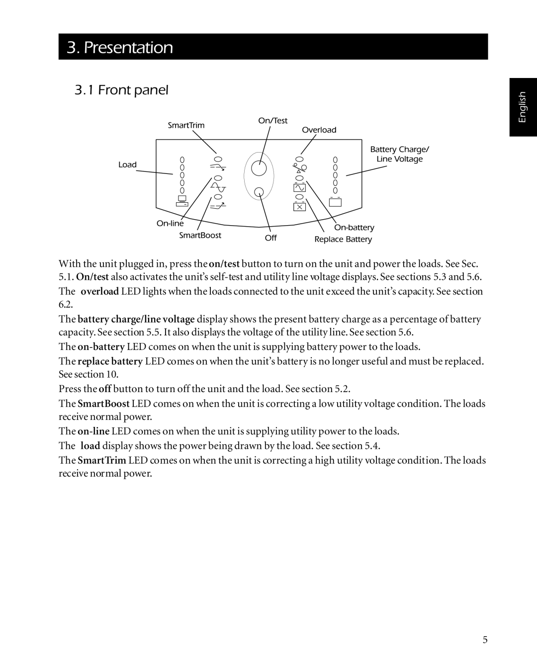 American Power Conversion 2200 manual Presentation, Front panel 