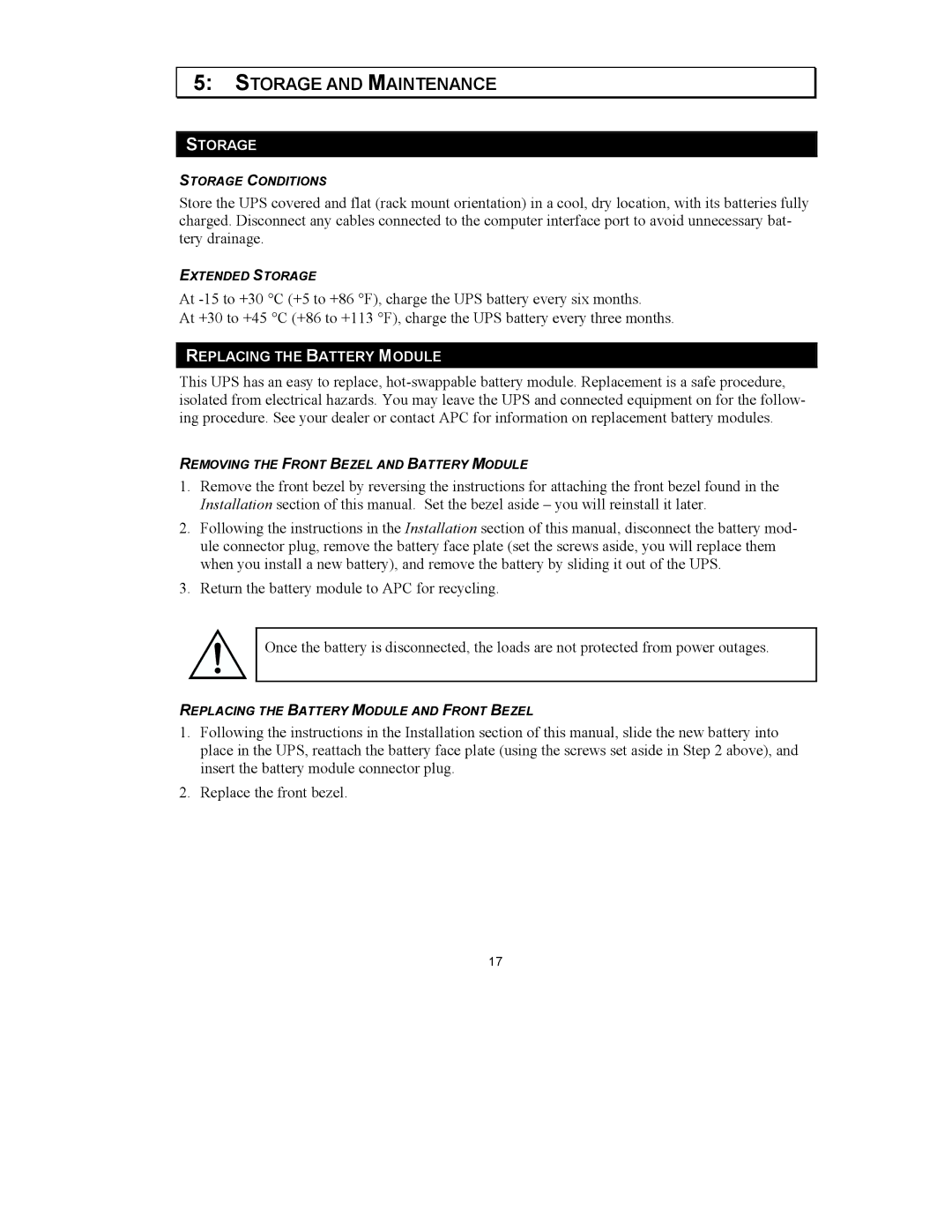 American Power Conversion 3000VA 3U, 2200VA 3U user manual Storage and Maintenance 