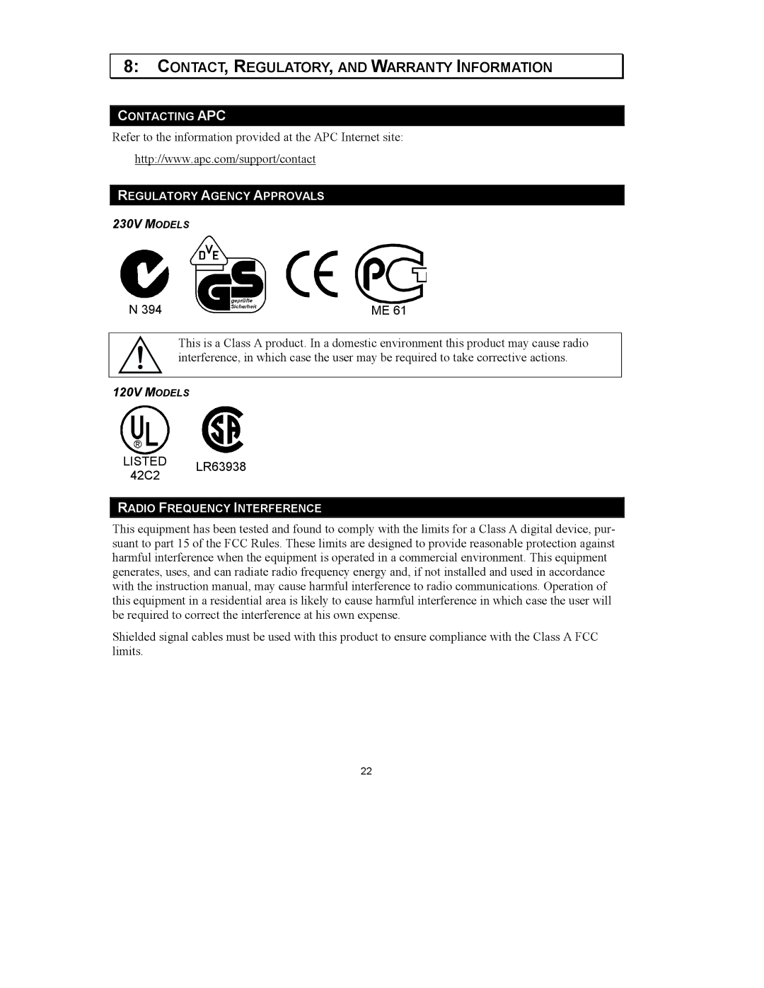 American Power Conversion 2200VA 3U, 3000VA 3U user manual CONTACT, REGULATORY, and Warranty Information, 230V Models 