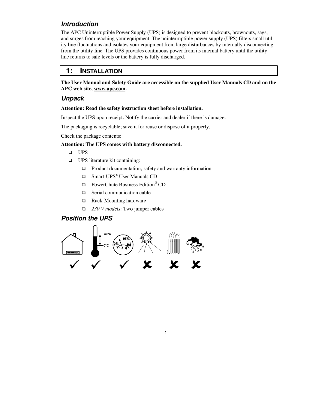 American Power Conversion 110, 120, 230 user manual Introduction, Unpack, Position the UPS 