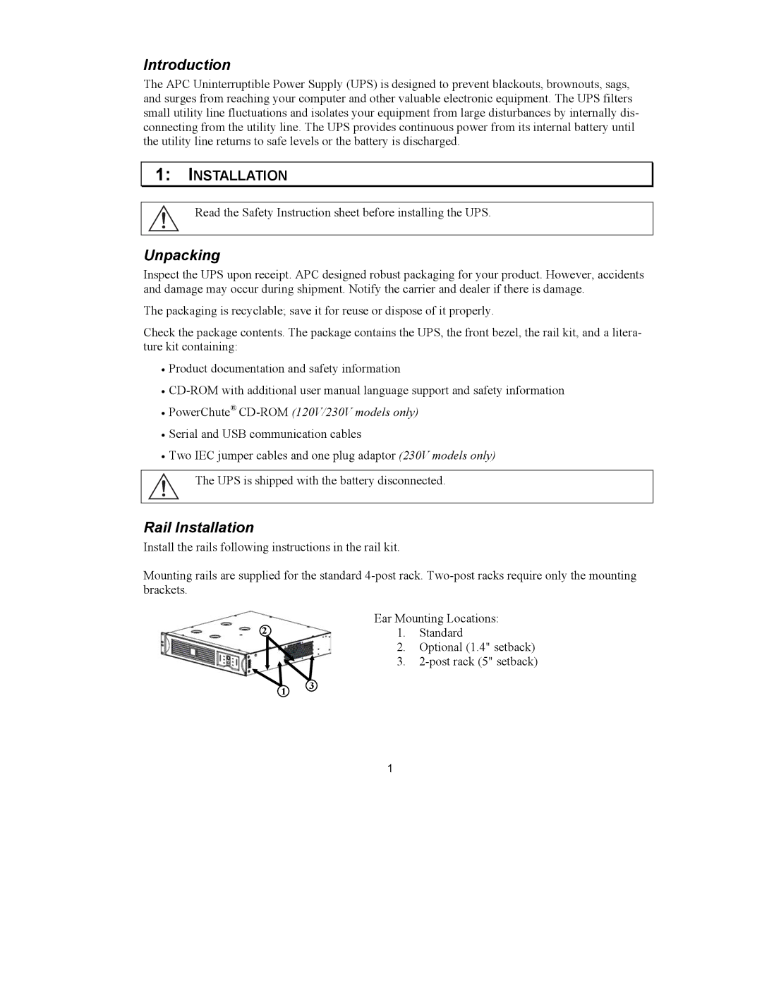 American Power Conversion 230 Vac, 750, 100 user manual Introduction, Unpacking, Rail Installation 