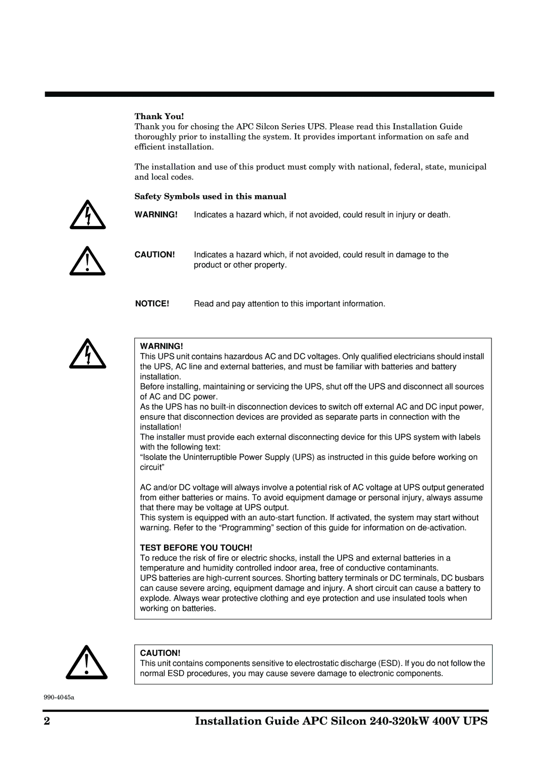 American Power Conversion manual Installation Guide APC Silcon 240-320kW 400V UPS, Thank You 