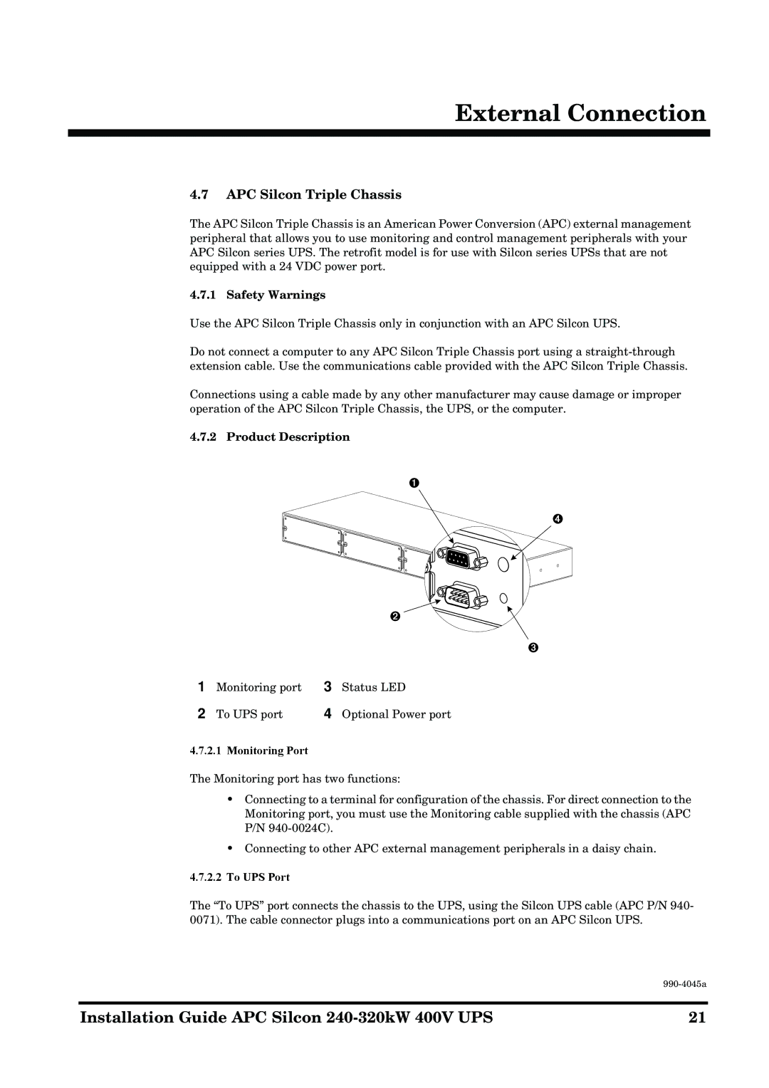 American Power Conversion 240-320kW 400V APC Silcon Triple Chassis, Safety Warnings, Product Description, Monitoring Port 