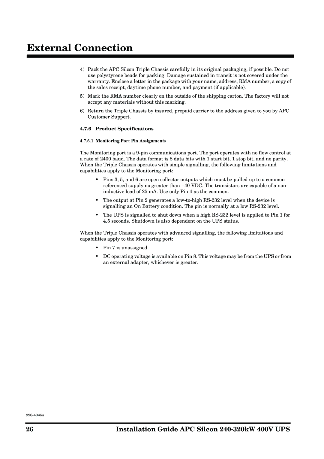 American Power Conversion 240-320kW 400V manual Product Specifications Monitoring Port Pin Assignments 