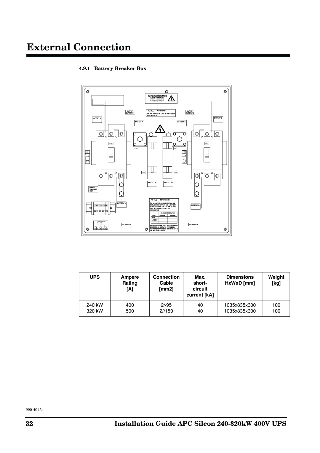 American Power Conversion 240-320kW 400V Battery Breaker Box, Ampere Connection Max Dimensions Weight Rating Cable Short 