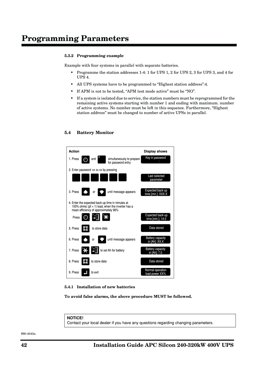 American Power Conversion 240-320kW 400V manual Battery Monitor, Programming example 