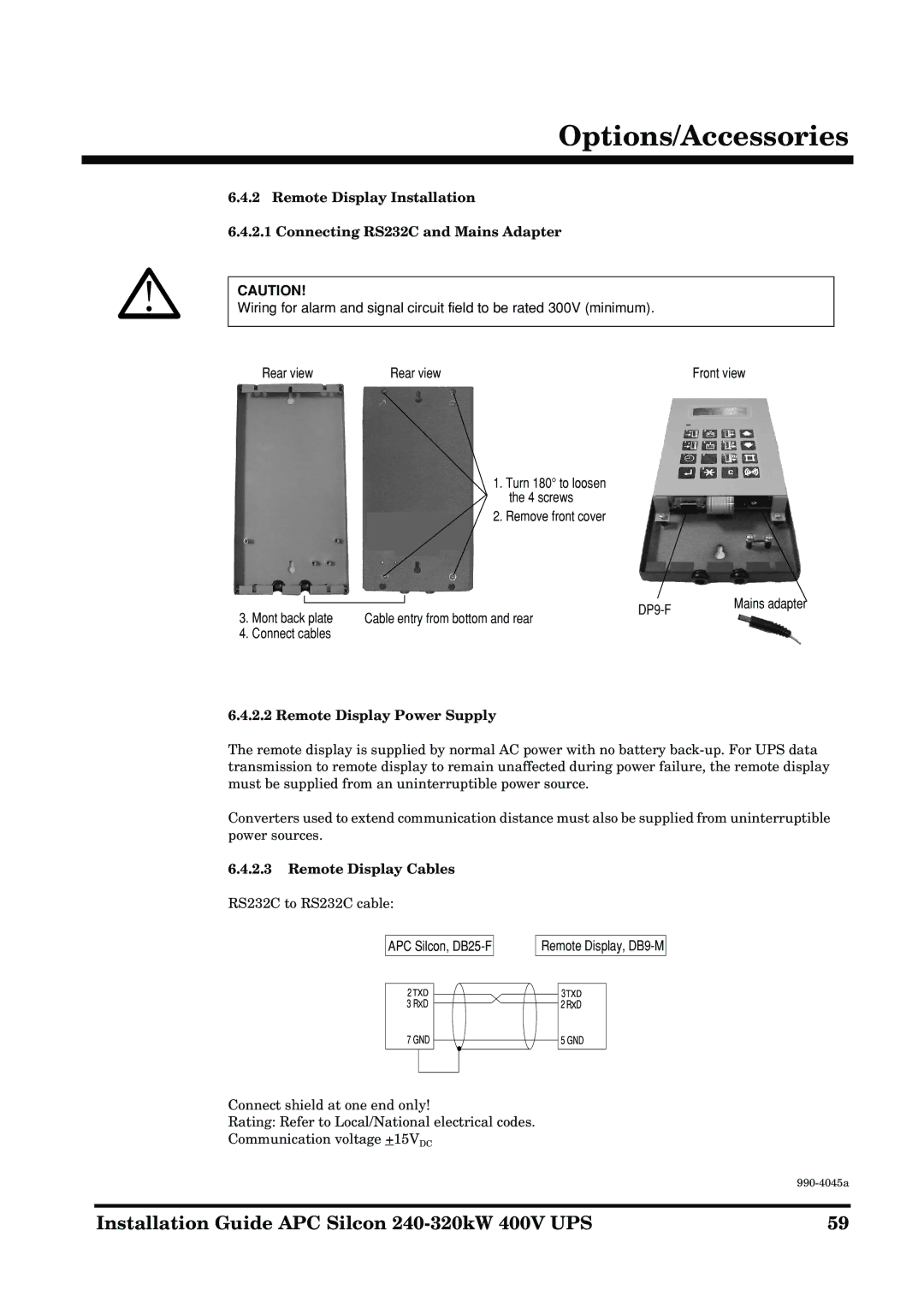 American Power Conversion 240-320kW 400V manual Remote Display Power Supply, Remote Display Cables 