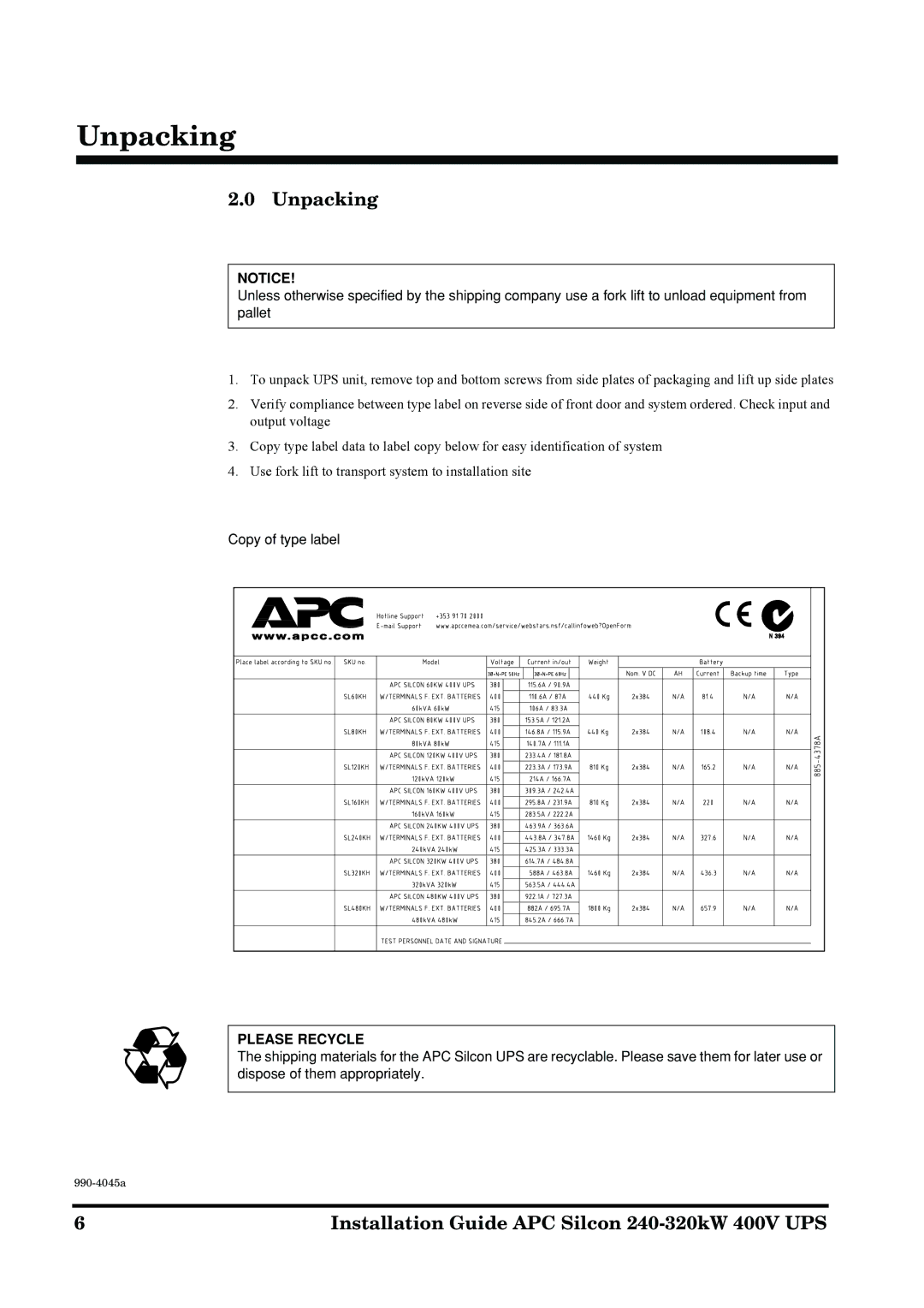 American Power Conversion 240-320kW 400V manual Unpacking 