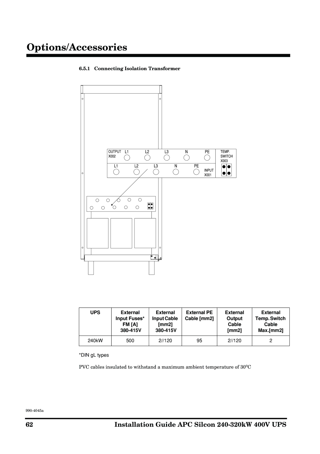 American Power Conversion 240-320kW 400V Connecting Isolation Transformer, External External PE Input Fuses Input Cable 