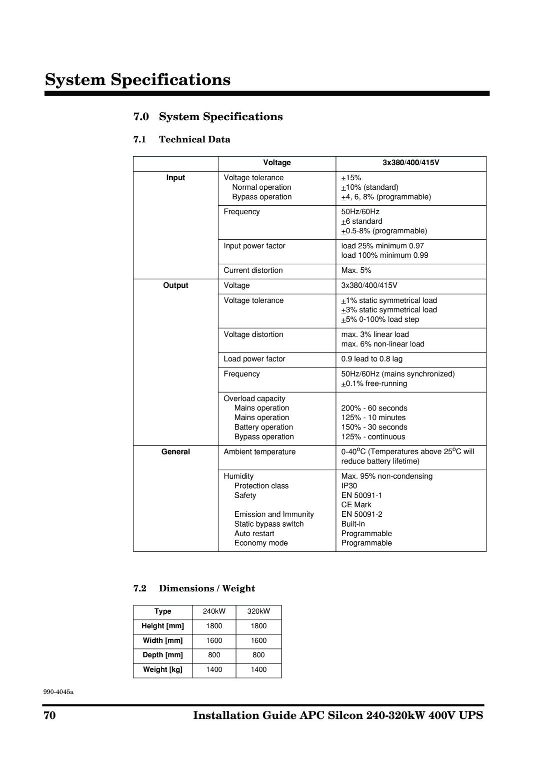 American Power Conversion 240-320kW 400V manual System Specifications, Technical Data, Dimensions / Weight 