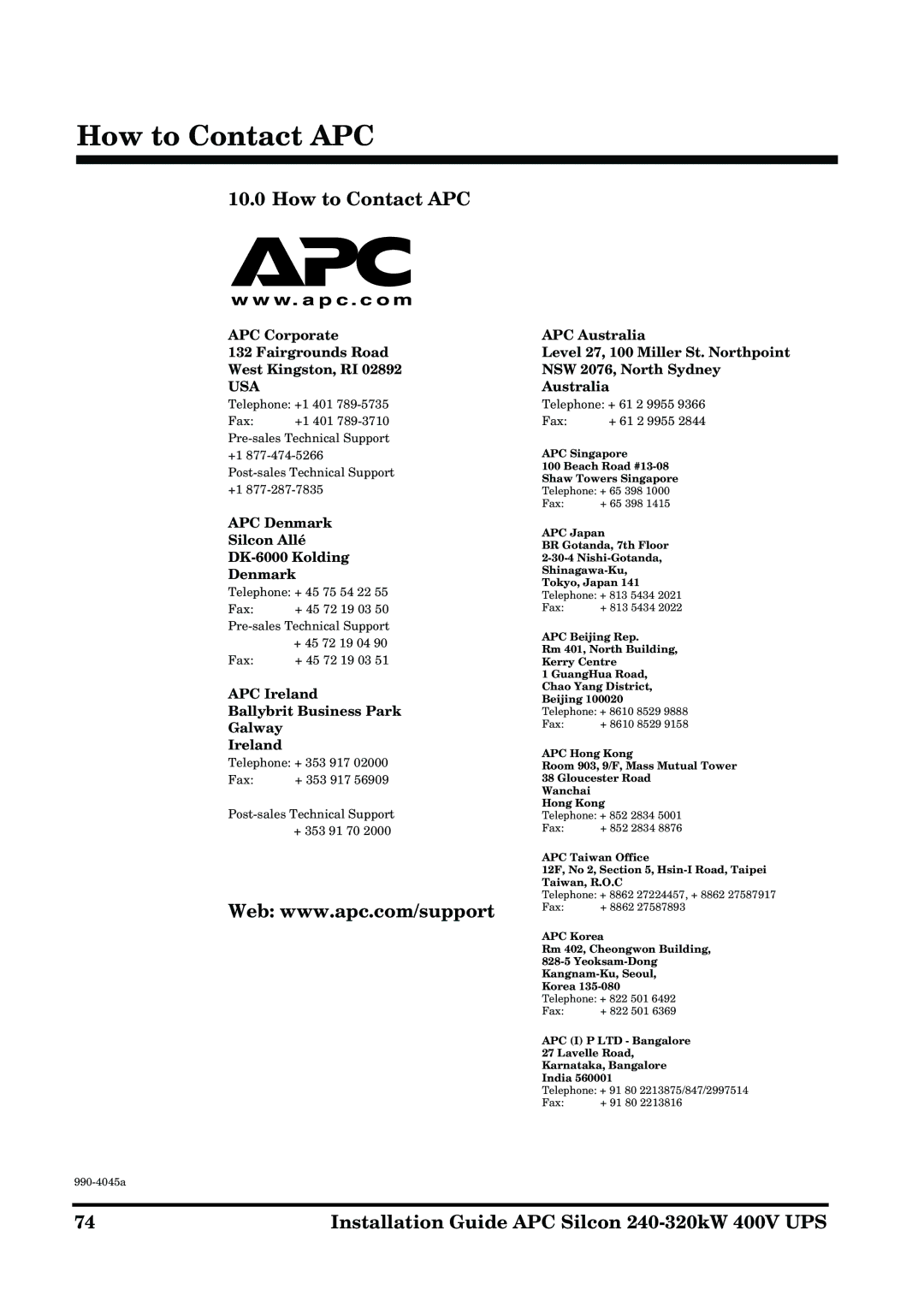 American Power Conversion 240-320kW 400V manual How to Contact APC, APC Corporate Fairgrounds Road West Kingston, RI 