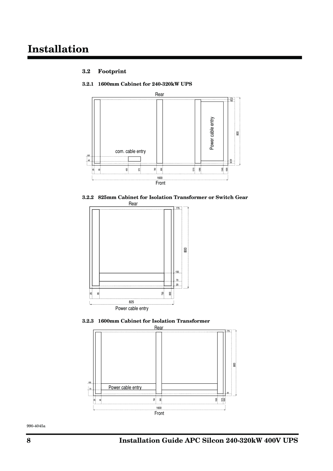 American Power Conversion 240-320kW 400V manual Footprint, 1 1600mm Cabinet for 240-320kW UPS 