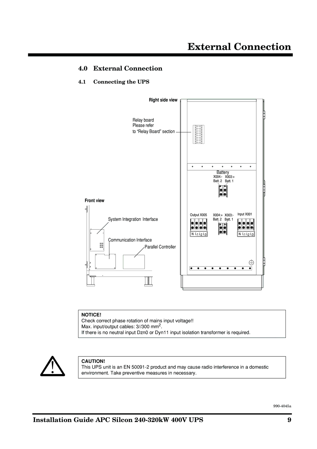 American Power Conversion 240-320kW 400V manual External Connection, Connecting the UPS, Right side view, Front view 