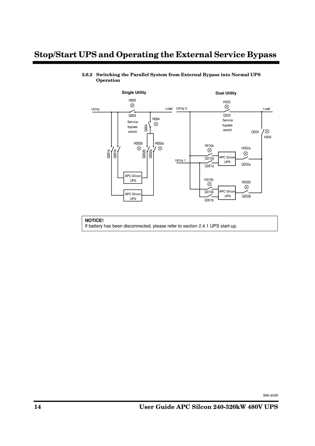 American Power Conversion 240-320kW 480V manual Stop/Start UPS and Operating the External Service Bypass 