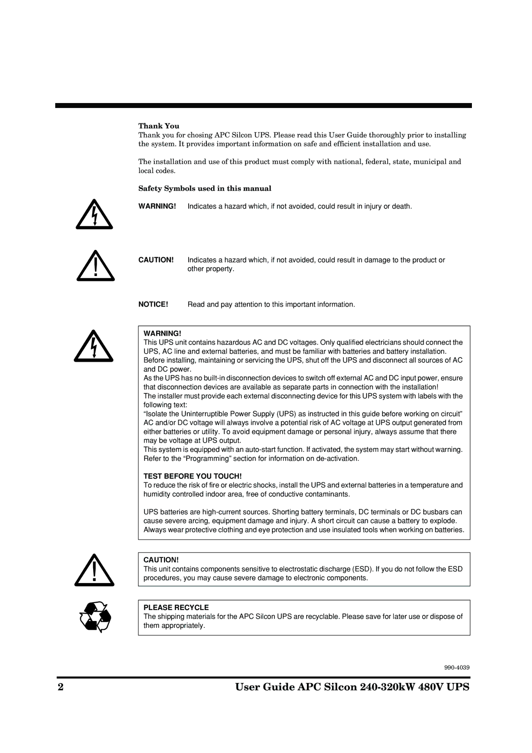 American Power Conversion User Guide APC Silcon 240-320kW 480V UPS, Thank You, Safety Symbols used in this manual 