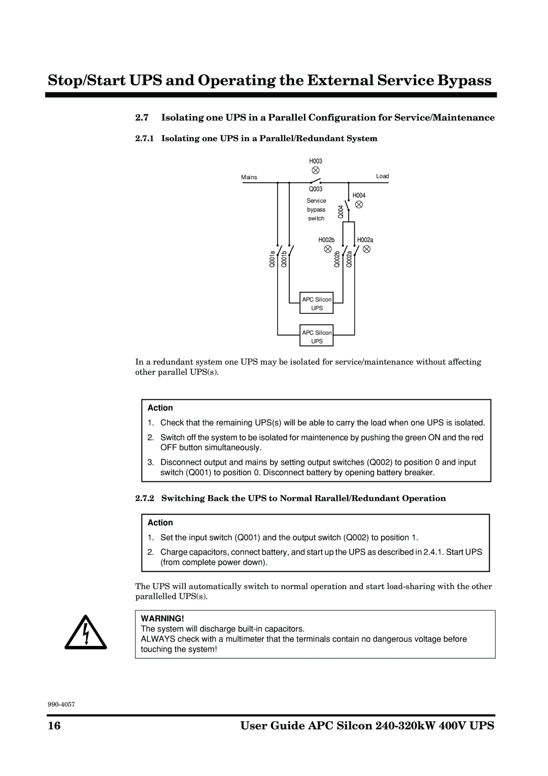 American Power Conversion 240-320kW400V manual Isolating one UPS in a Parallel/Redundant System 