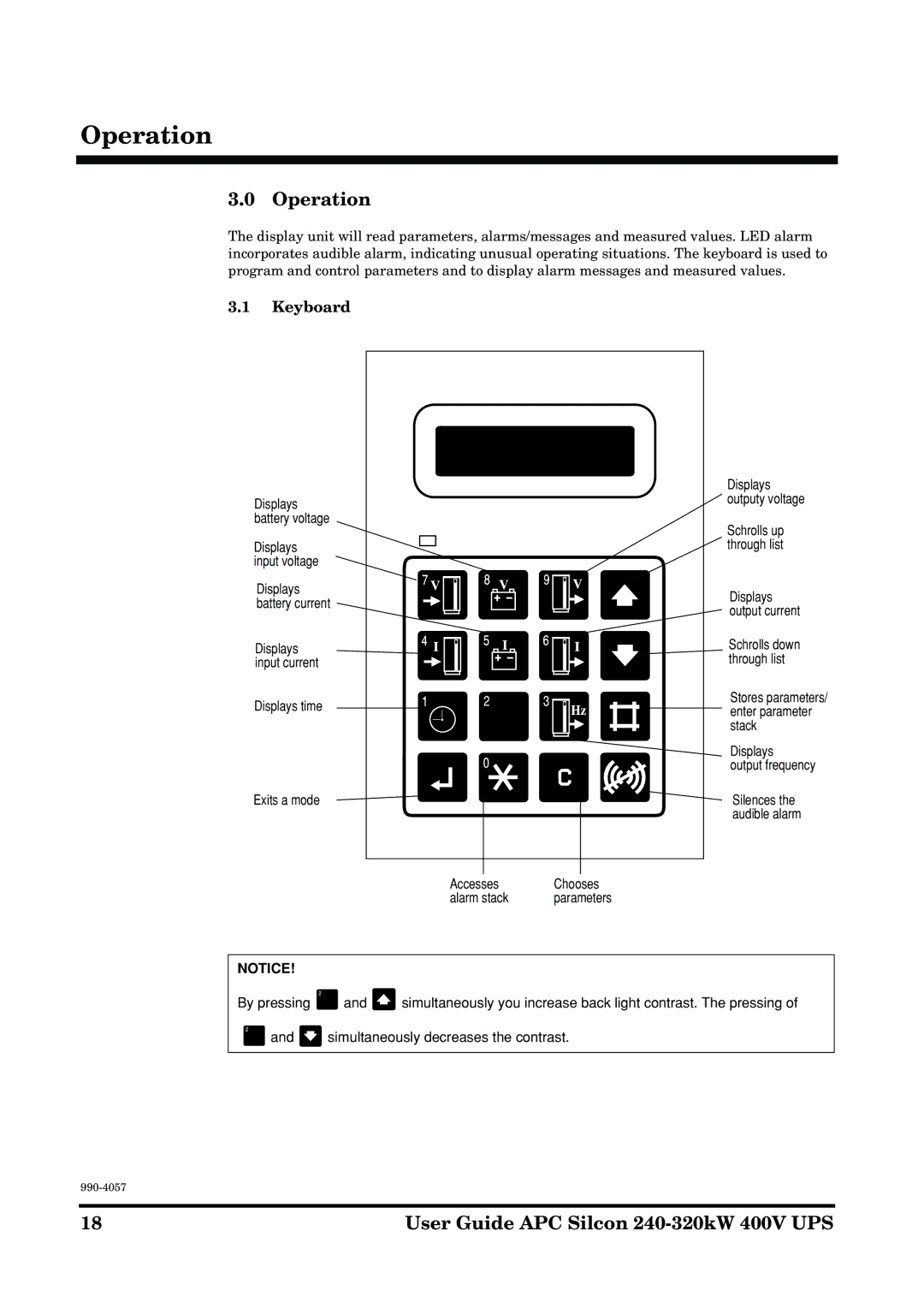 American Power Conversion 240-320kW400V manual Operation, Keyboard 