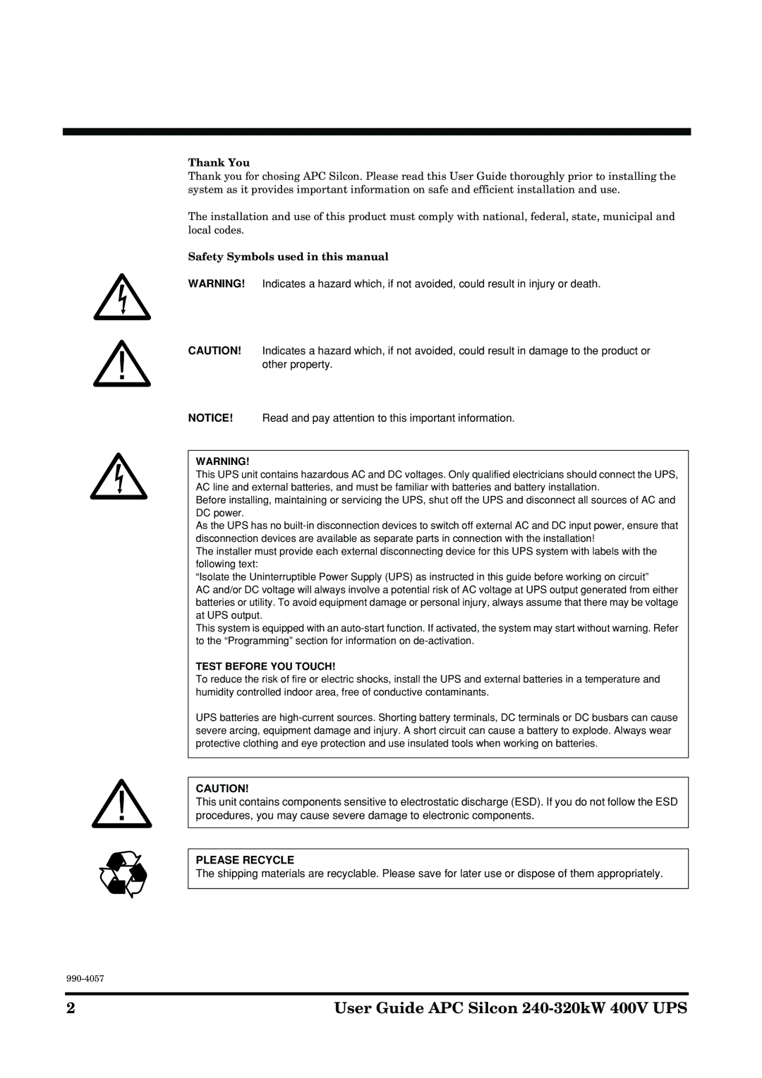 American Power Conversion 240-320kW400V manual User Guide APC Silcon 240-320kW 400V UPS, Thank You 