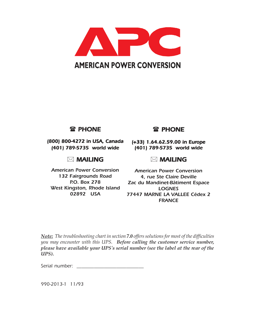 American Power Conversion 250, 400, 600 user manual ∗ Mailing 