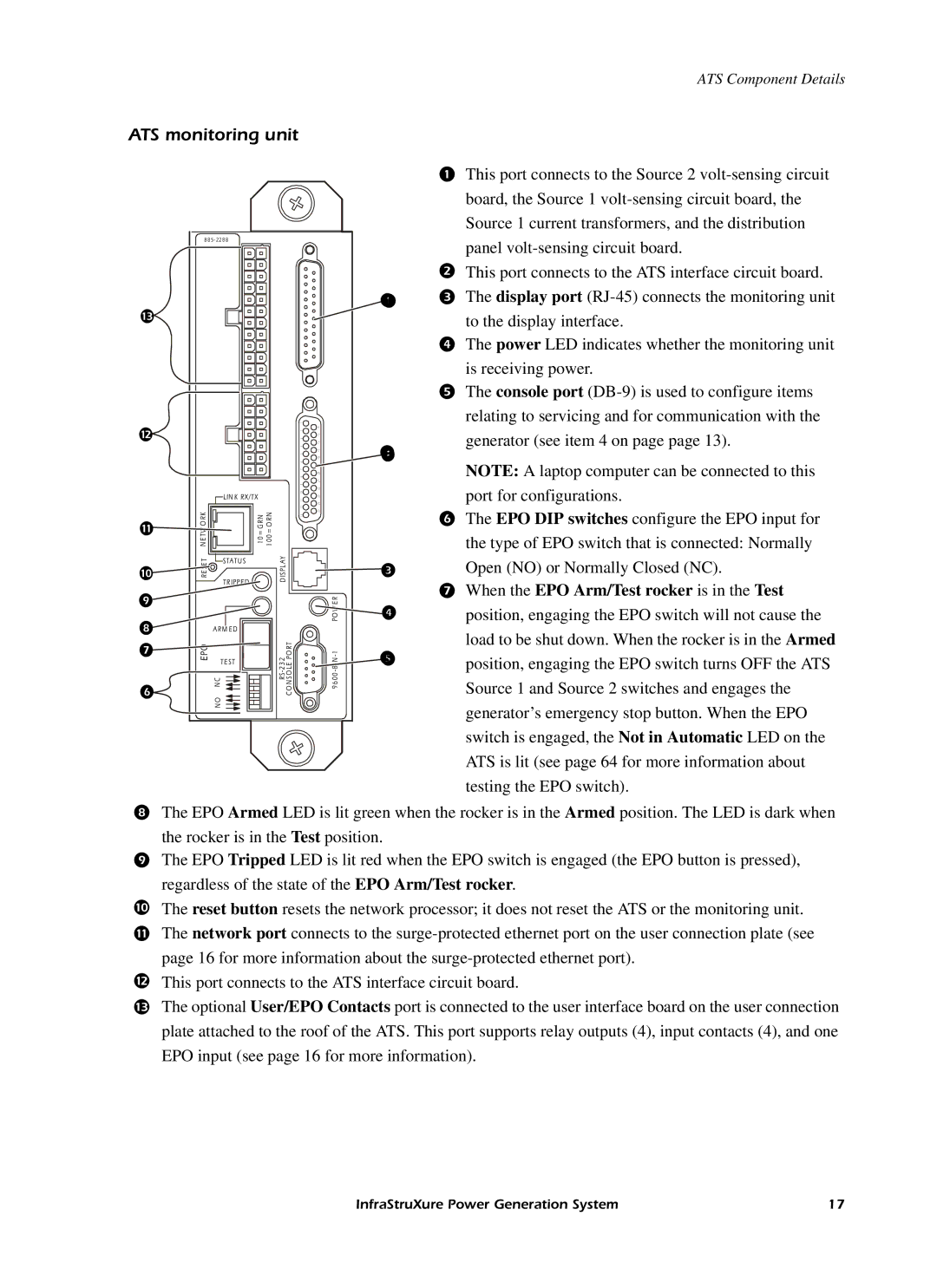 American Power Conversion 250 A manual ATS monitoring unit,  When the EPO Arm/Test rocker is in the Test 