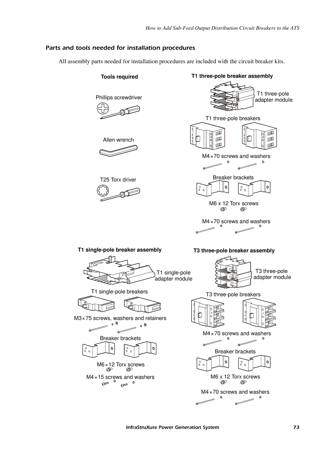 American Power Conversion 250 A manual Parts and tools needed for installation procedures, T1 three-pole breaker assembly 