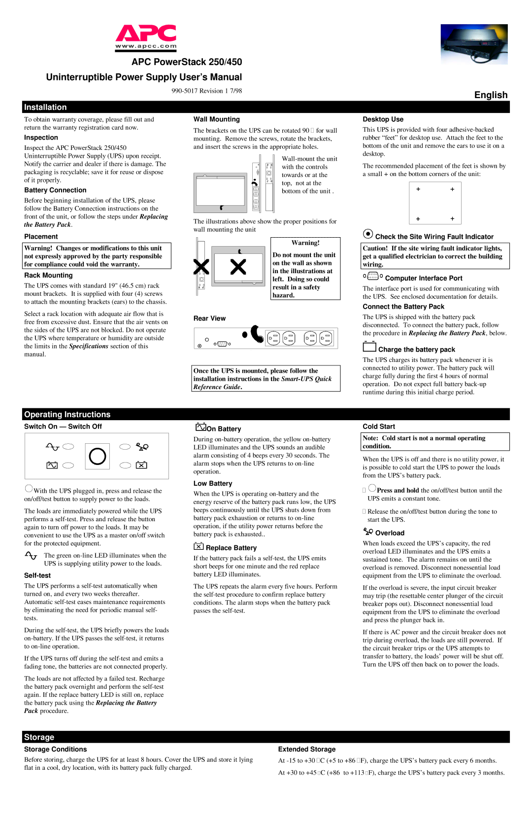 American Power Conversion 250/450 user manual Installation, Operating Instructions, Storage 