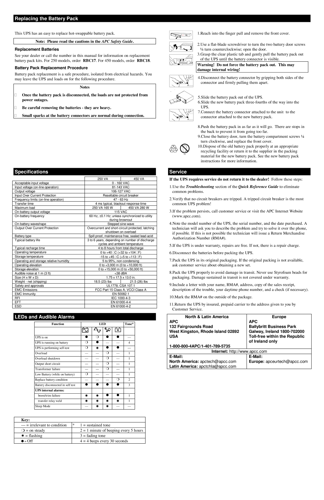 American Power Conversion 250/450 user manual Replacing the Battery Pack, Specifications, LEDs and Audible Alarms, Service 