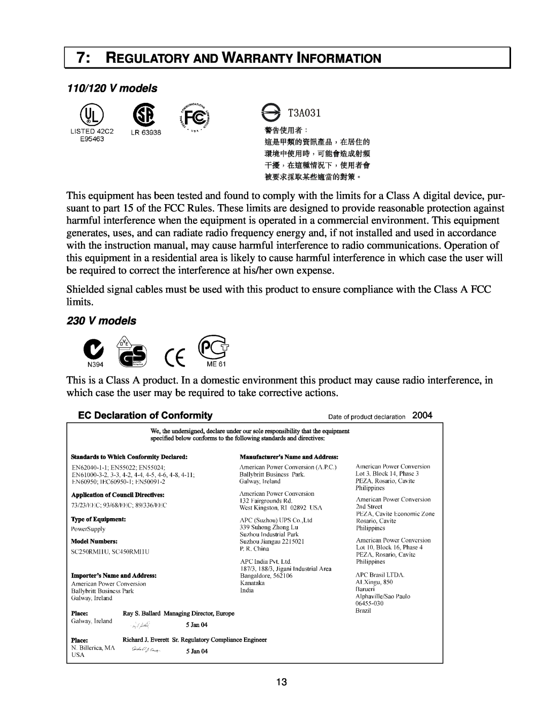 American Power Conversion 110Vac, 250VA user manual Regulatory And Warranty Information, 110/120 V models 