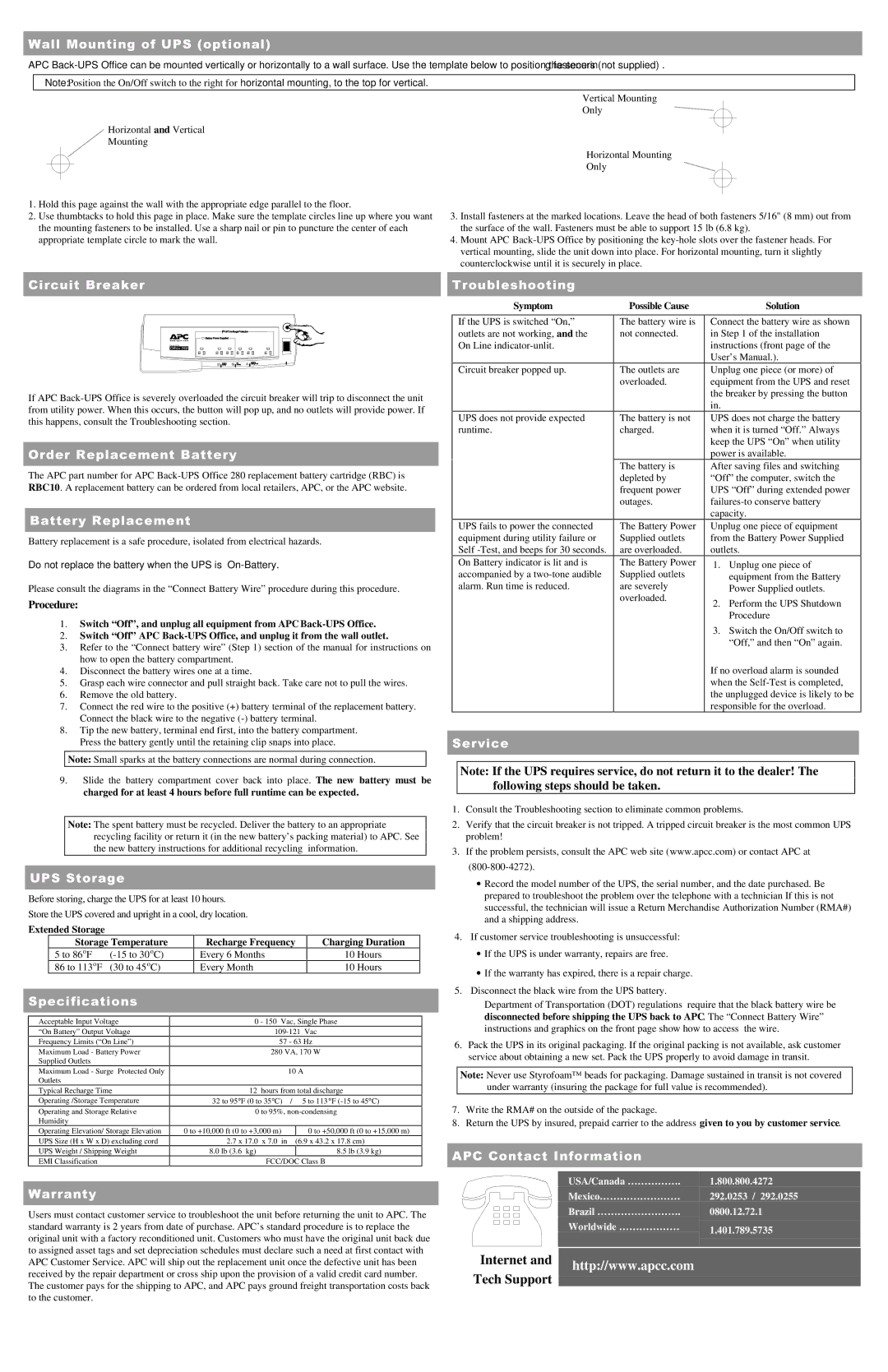 American Power Conversion 280 DOO0RXQWLQJRI836RSWLRQDO, Lufxlw%Uhdnhu, 2UGHU5HSODFHPHQW%DWWHU, DWWHU\5HSODFHPHQW, 6HUYLFH 