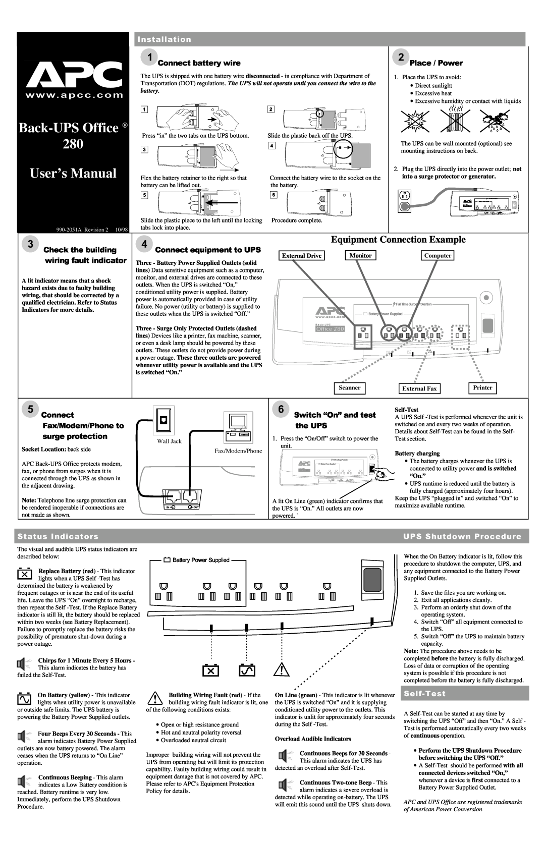 American Power Conversion 280 user manual Back-UPS Office, User’s Manual, Equipment Connection Example, Rqqhfwedwwhu\Zluh 