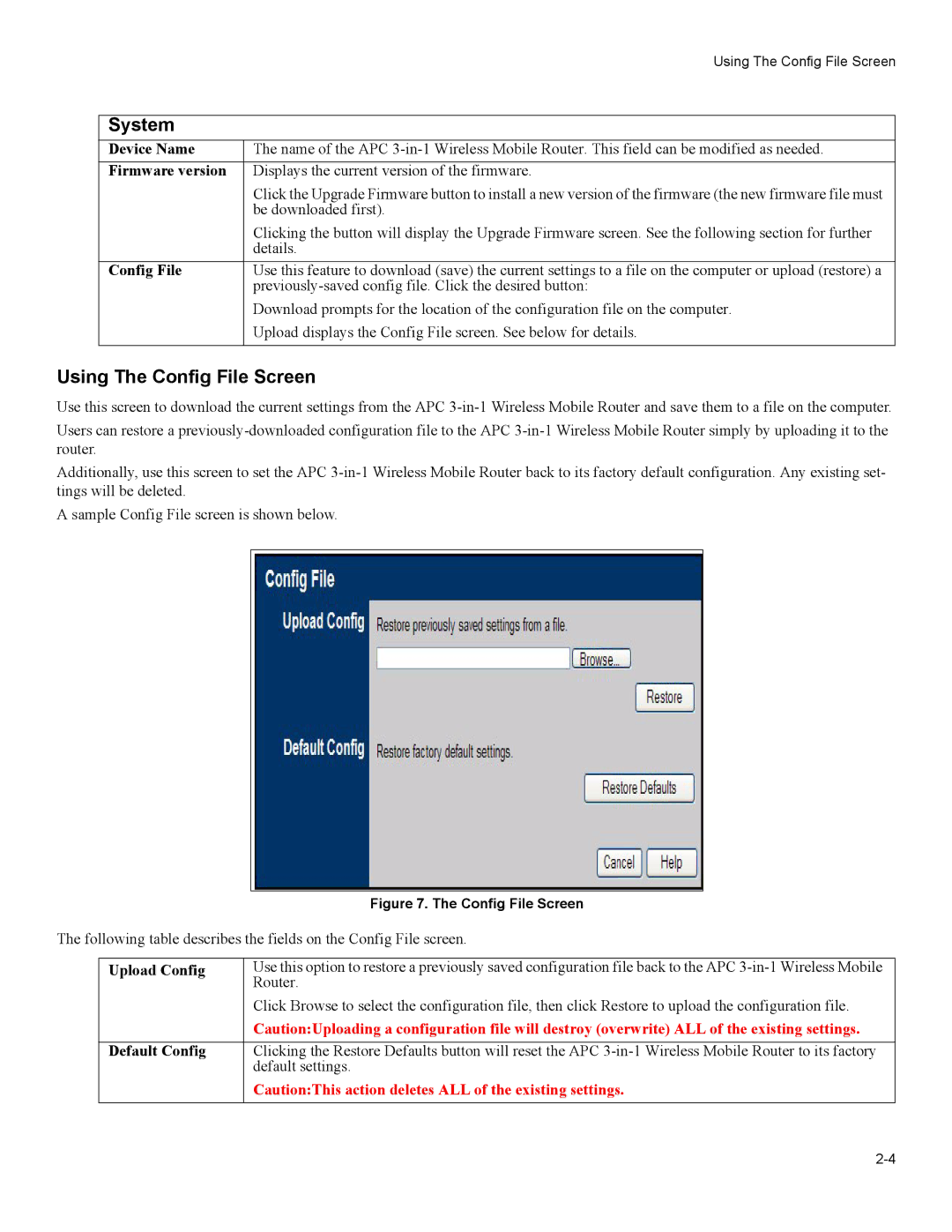 American Power Conversion 3-in-1 Wireless Mobile Router user manual System, Using The Config File Screen 