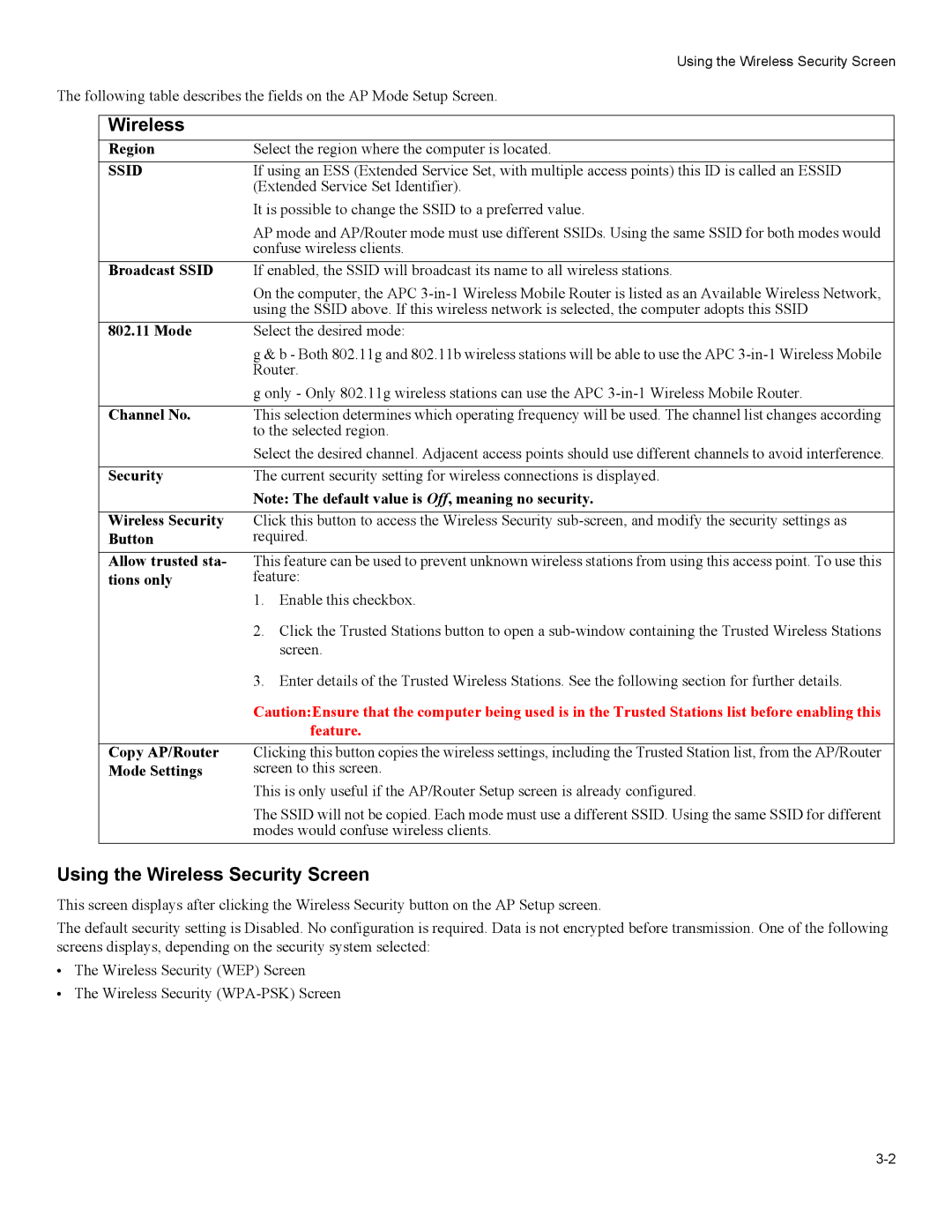 American Power Conversion 3-in-1 Wireless Mobile Router user manual Using the Wireless Security Screen 