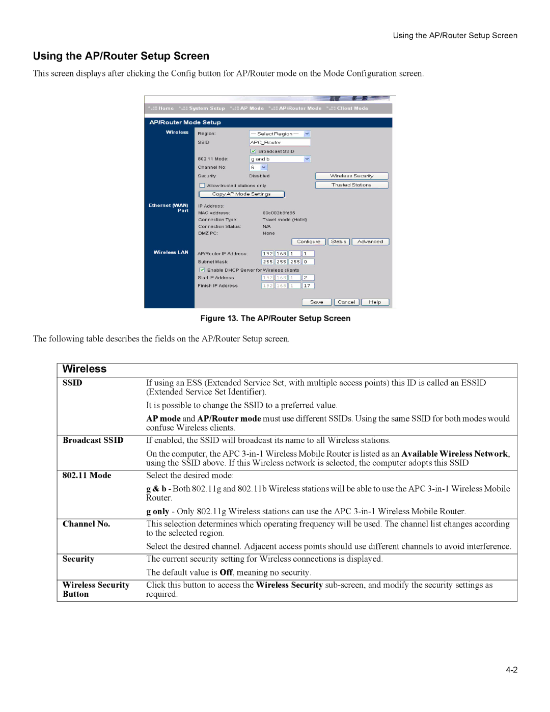 American Power Conversion 3-in-1 Wireless Mobile Router user manual Using the AP/Router Setup Screen 