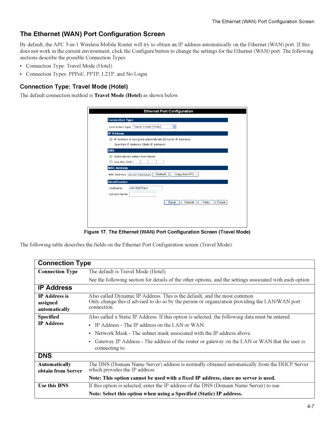 American Power Conversion 3-in-1 Wireless Mobile Router user manual Ethernet WAN Port Configuration Screen, Connection Type 