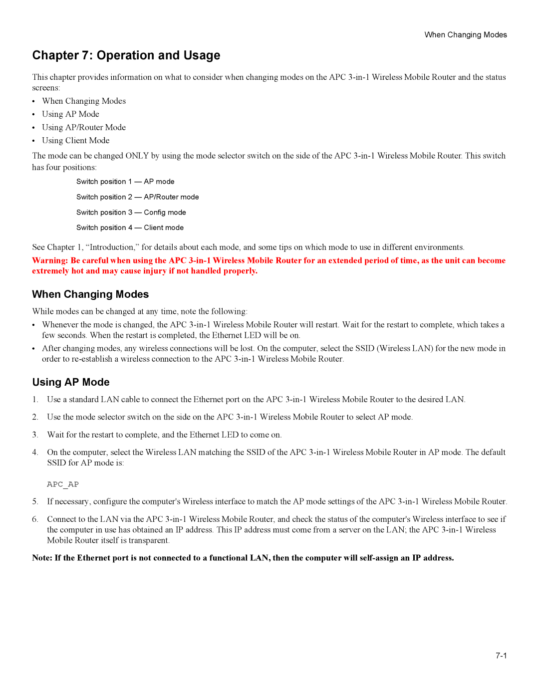 American Power Conversion 3-in-1 Wireless Mobile Router user manual Operation and Usage, When Changing Modes, Using AP Mode 