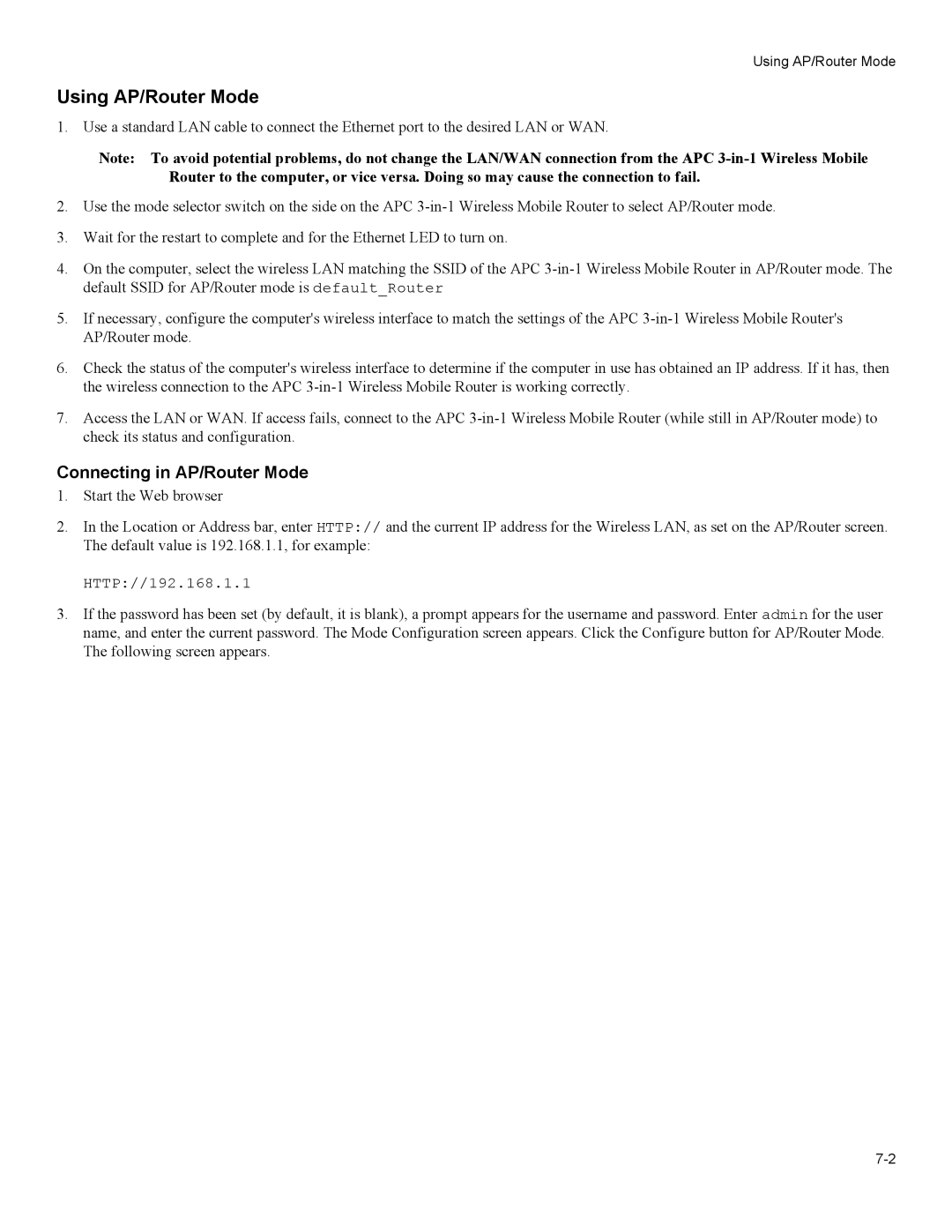 American Power Conversion 3-in-1 Wireless Mobile Router user manual Using AP/Router Mode, Connecting in AP/Router Mode 