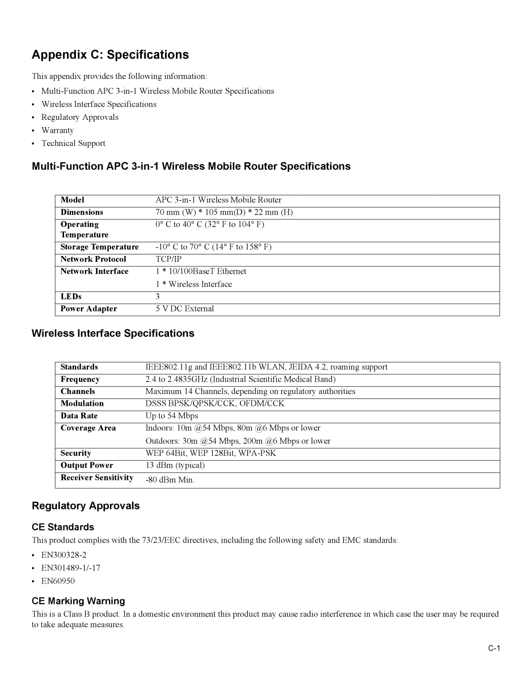 American Power Conversion 3-in-1 Wireless Mobile Router Appendix C Specifications, Wireless Interface Specifications 