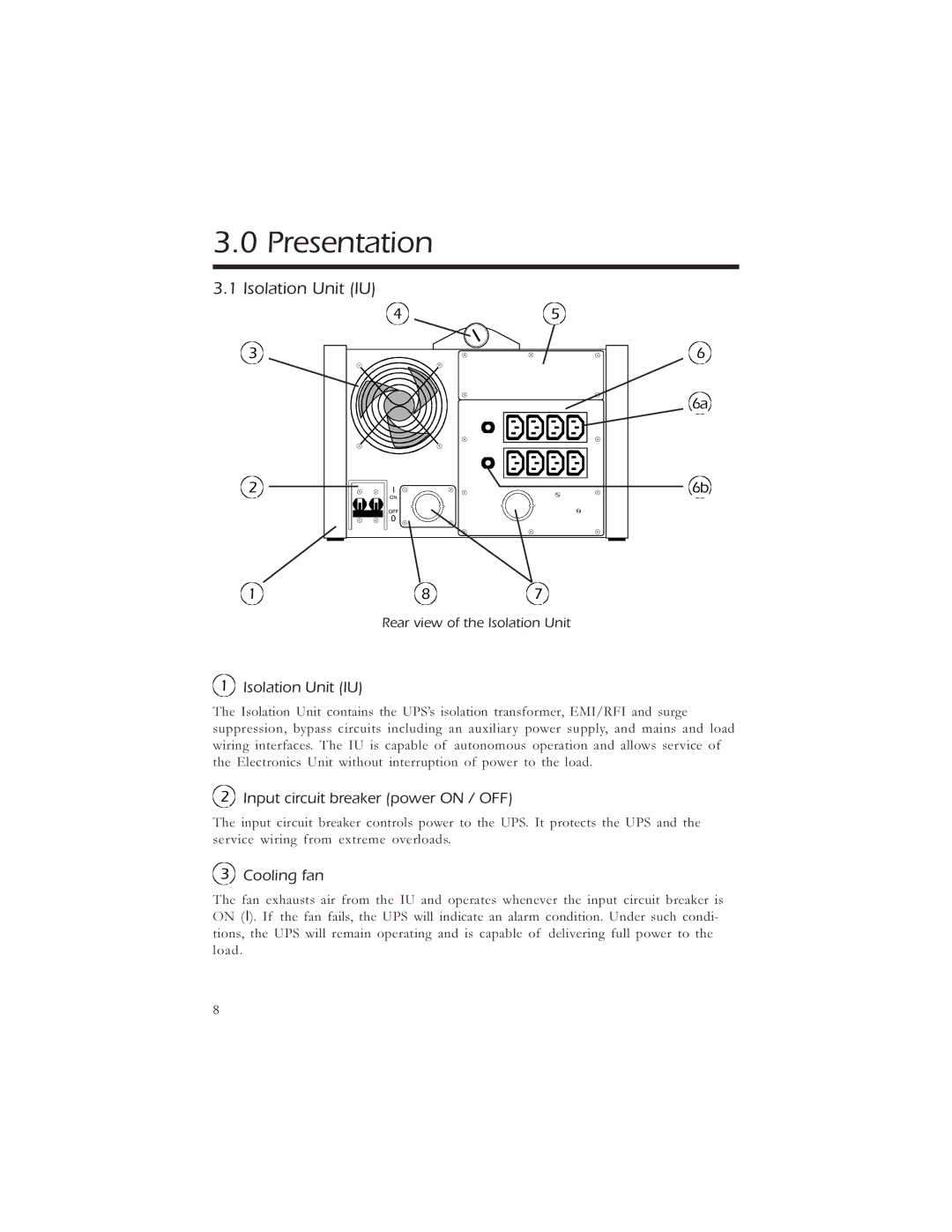 American Power Conversion 5000, 3000 Presentation, Isolation Unit IU, Input circuit breaker power on / OFF, Cooling fan 