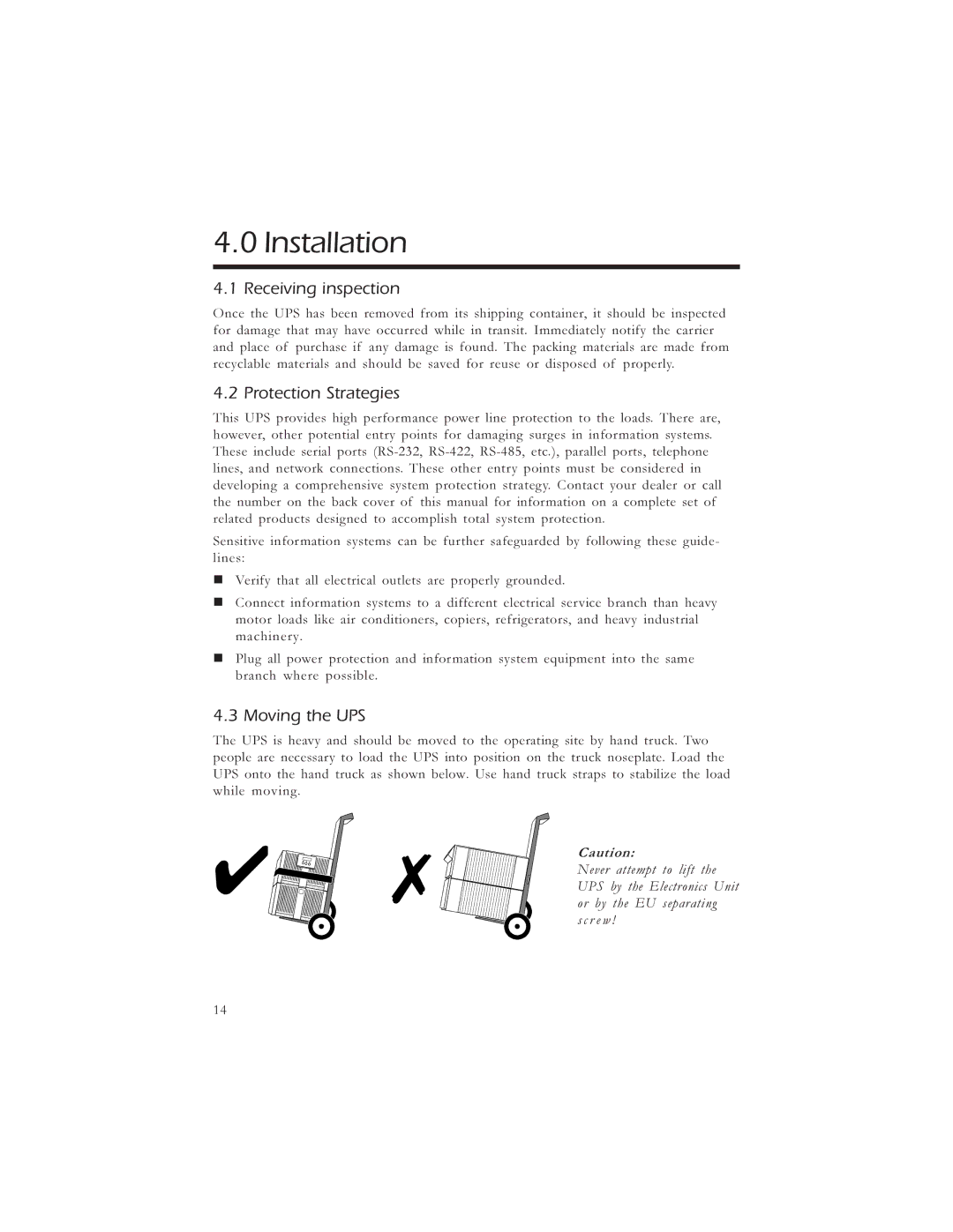 American Power Conversion 5000, 3000 manual Installation, Receiving inspection, Protection Strategies, Moving the UPS 