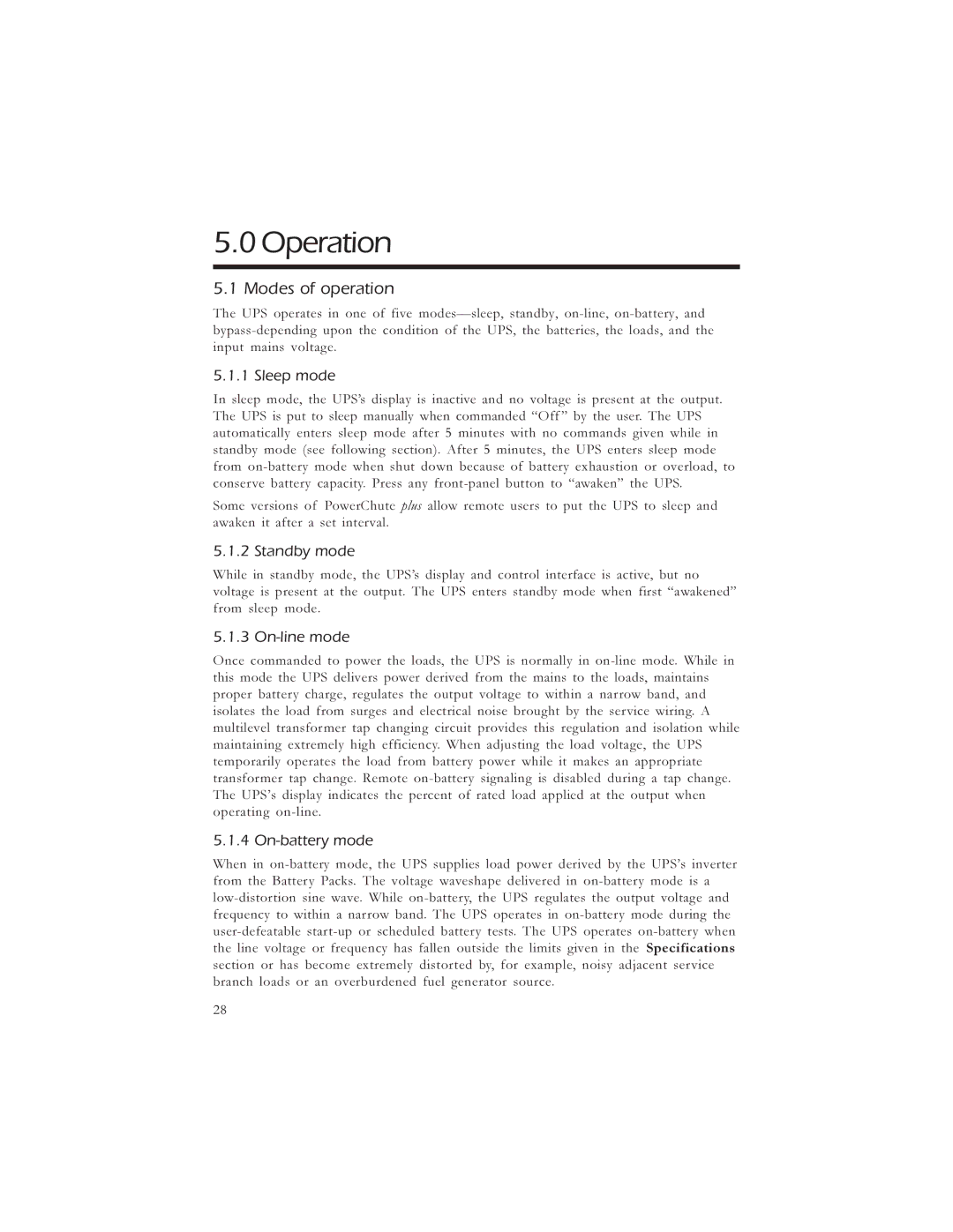 American Power Conversion 5000, 3000 manual Operation, Modes of operation 