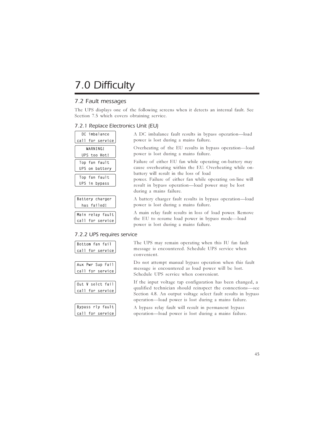 American Power Conversion 3000, 5000 manual Fault messages, Replace Electronics Unit EU, UPS requires service 